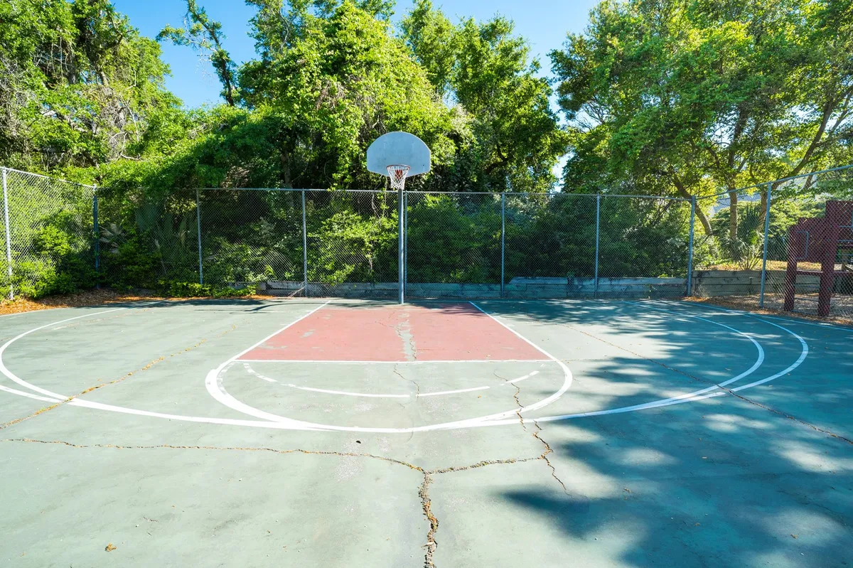 An outdoor basketball court bordered by mature trees and marked with vivid court lines. The court is ready for a game, offering an energetic and dynamic setting for friendly competition or group play.